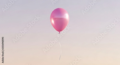 A single pink balloon floats gently in a soft pastel sky.