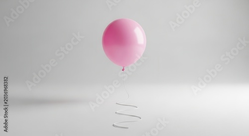 A single pink balloon floats in a minimalist studio with a soft reflection below.