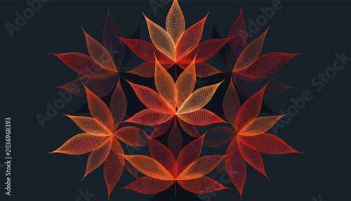 Bild auf Leinwand A symmetrical fractal pattern of translucent lotus-like petals in warm hues of orange and red against a dark background