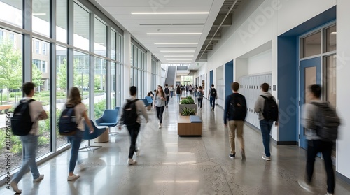 Students Walking Through Modern School Hallway