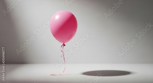 A single pink balloon floats in a minimalist studio setting with dramatic lighting.