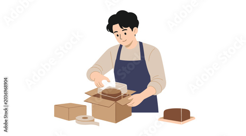 Konstfotografi Baker Packing Chocolate Cake in Cardboard Box for Shipping