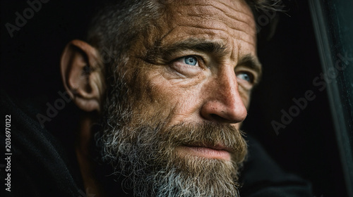 Thoughtful Man with Serious Expression Representing Poverty, Inequality, Reflection, Social Awareness, and Economic Struggles Conceptual Portrait