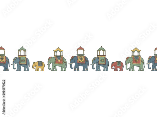 Canvas Print Repeating pattern of decorated elephants with howdahs and baby elephants in a traditional style