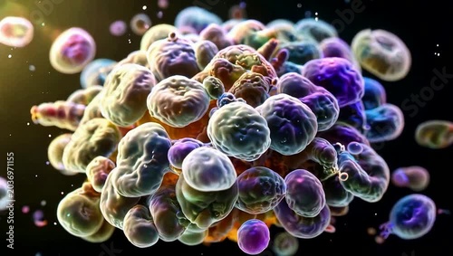 Close-up view of a complex cellular structure showing multiple connected cells against a dark background, representing advanced biological research.
