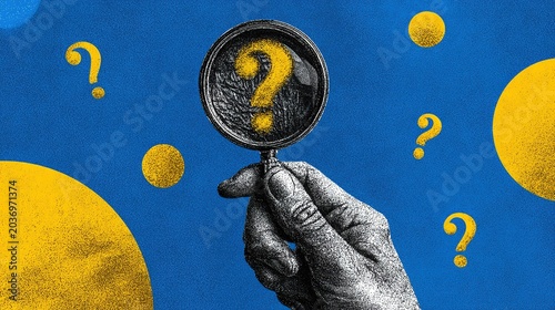 Vibrant blue background graphic illustration, grayscale textured hand holding framed magnifying glass with large yellow question mark inside lens, scattered small question marks for inquiry and resear