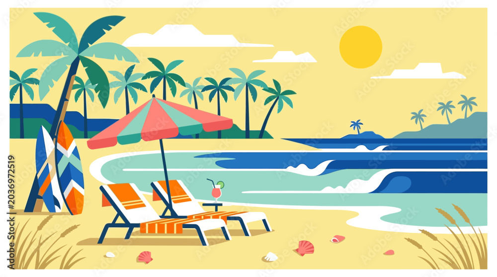 Obraz premium Beach chairs and umbrella on sand.