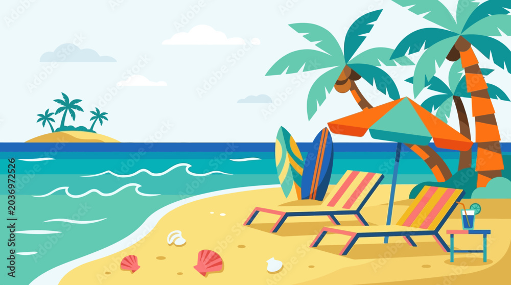 Obraz premium Beach chairs with colorful beach umbrella.