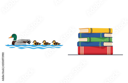 Bild auf Leinwand Vibrant flat illustration of duck family swimming, ducklings, and a colorful boo