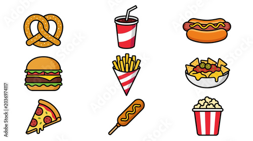 Quadro su tela Burger and hot dog with soft pretzel icon bundle for traditional festival comfor