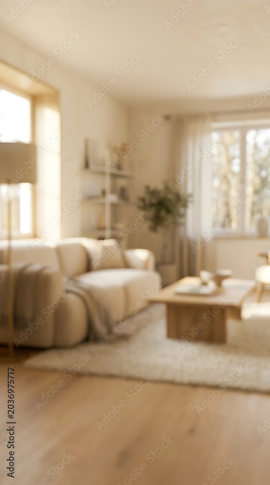 Fototapeta premium Modern living room interior with beige sofa, wooden coffee table, and soft rug in a bright, minimalist home setting