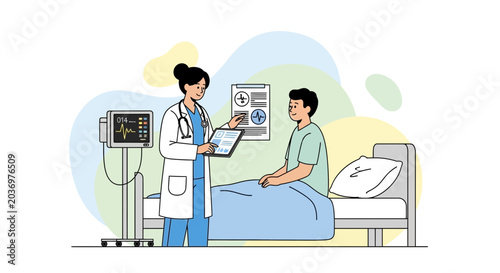 Doctor discussing medical chart with patient in hospital bed, illustration