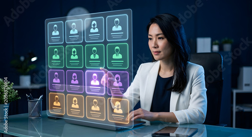 Asian businesswoman selecting candidate on holographic HR dashboard for talent management recruitment employee database and workforce planning with digital HR technology platform and AI