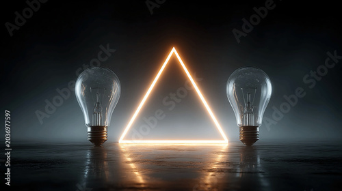 Three glowing light bulbs forming a triangle, symbolizing teamwork, bright ideas, collaboration, study innovation, corporate presentation, case study visualization, and strategic creative solutions,