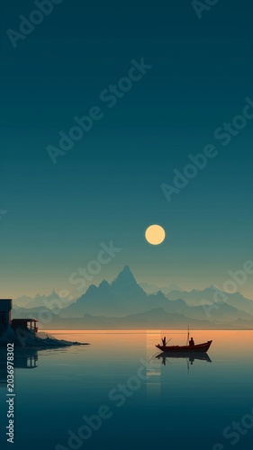 serene fishing boat at sunrise with mountains and reflection