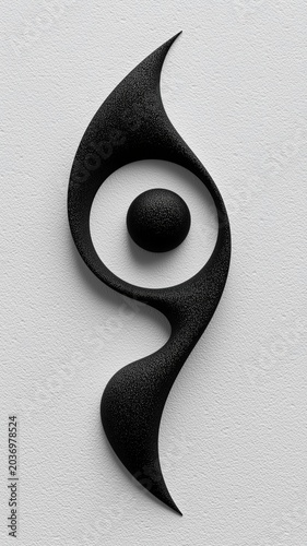 abstract black spiral sculpture on textured white wall