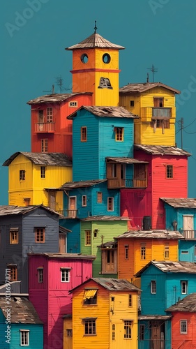 colorful stacked houses illustration with vibrant urban architecture