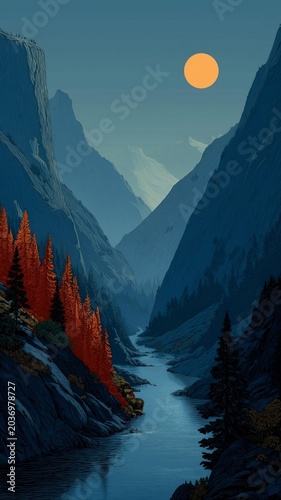 mountain valley river landscape with sunset illustration