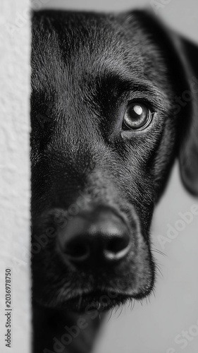 black dog portrait peeking behind wall in monochrome