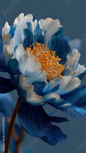 blue white macro flower with golden stamens and textured petals