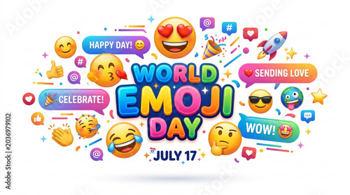 Vibrant world emoji day celebration with colorful emojis speech bubbles and festive elements on july 17