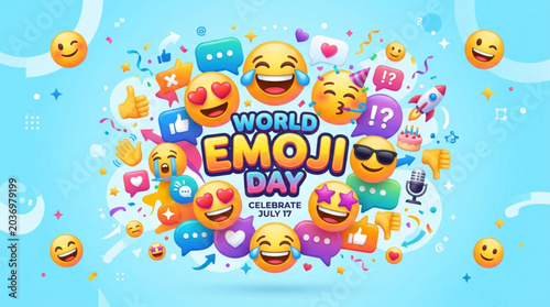 Celebrating world emoji day with joyful emoji illustrations in vibrant colors and playful designs july 17