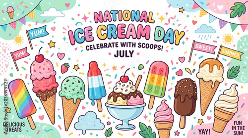 Colorful illustration of assorted ice cream cones popsicles and sundaes celebrating national ice cream day in july with festive decorations