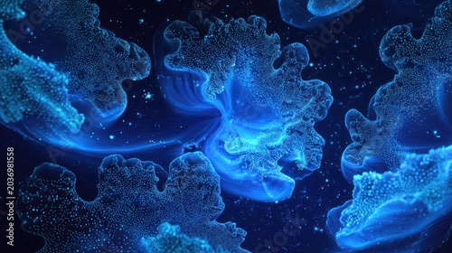 Abstract illustration of glowing blue jellyfish on a dark background