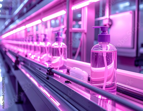 Clear plastic bottles with purple pump tops filled with liquid move along a conveyor belt, lit by pink lights