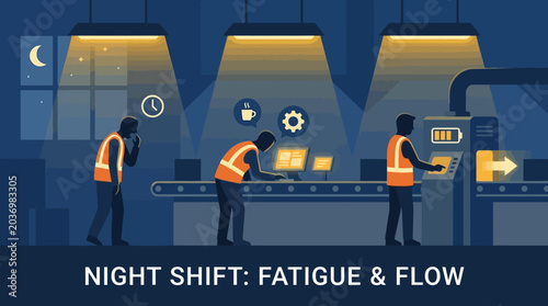 Industrial workers operating a conveyor belt assembly line under spotlights, manufacturing plant night shift production vector illustration