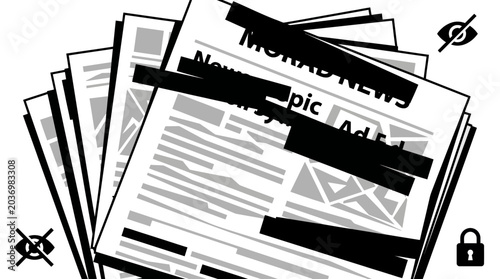 Censored newspaper vector icon, concept of media censorship, redacted news, freedom of the press restriction, disinformation and fake news illustration