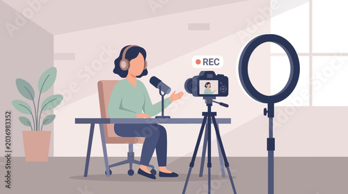 Woman content creator live streaming in a studio, female podcaster speaking into a microphone with a camera on a tripod, flat vector illustration