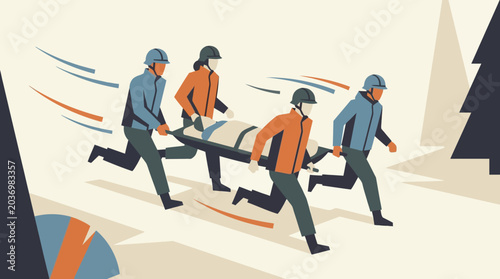 Emergency rescue team carrying a patient on a stretcher, medical first responders in uniform running, disaster relief flat vector illustration