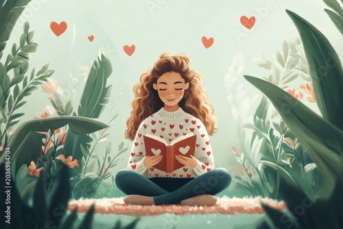 Selective focus cozy scene with girl surrounded by floating stars and hearts