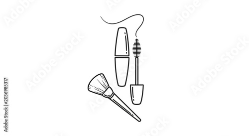 Mascara and makeup brush set in line art.