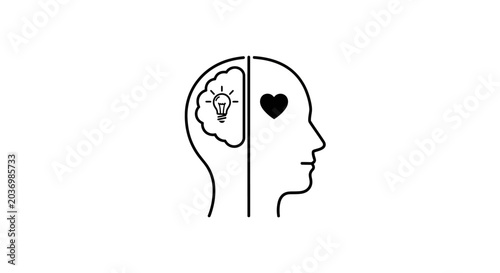Photos Minimalist head profile showing brain with lightbulb and heart icon