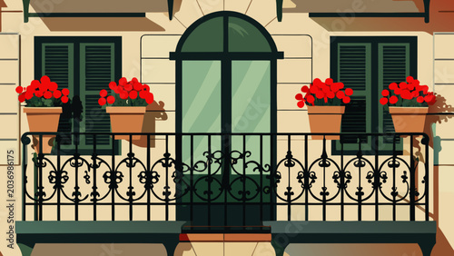 Konstfotografi Decorative balcony with potted red flowers architecture exterior building decora