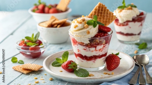 Layered Strawberry Ice Cream Dessert with Waffle Cone