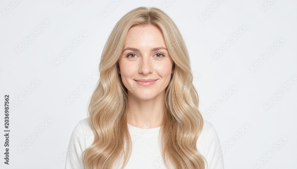 Naklejka premium Blonde Woman Smiling: A portrait of a friendly blonde woman with wavy hair, smiling warmly, exuding confidence and approachability.
