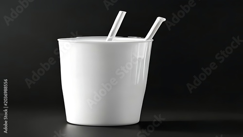 Blank white plastic cup with two drinking straws isolated on black background for branding mockup and food packaging