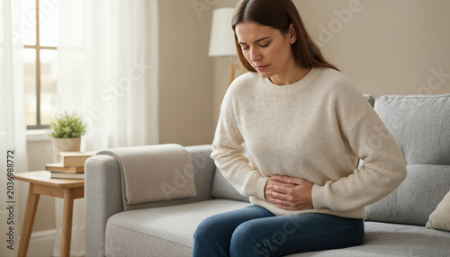 Abdominal Pain Relief: A young woman experiencing stomach pain sits on a sofa, holding her abdomen in distress. The scene evokes discomfort and the need for relief.