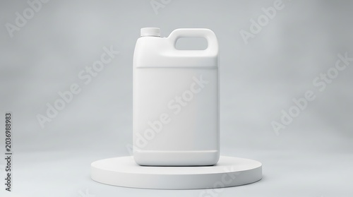Blank white plastic gallon jerrycan container on pedestal for industrial product branding mockup and liquid packaging design