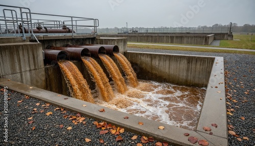 Industrial Wastewater Discharge: Rusty pipes disgorge turbid, brown wastewater into a concrete basin, highlighting the environmental impact of industrial processes and the need for water treatment.