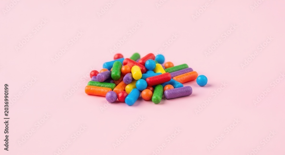 Obraz premium A vibrant pile of multicolored medicinal pills and capsules on a soft pink background.