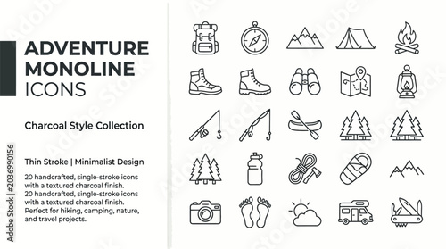 Adventure Monoline Icons Charcoal Style Collection for Hiking, Camping, Nature, and Travel Projects.