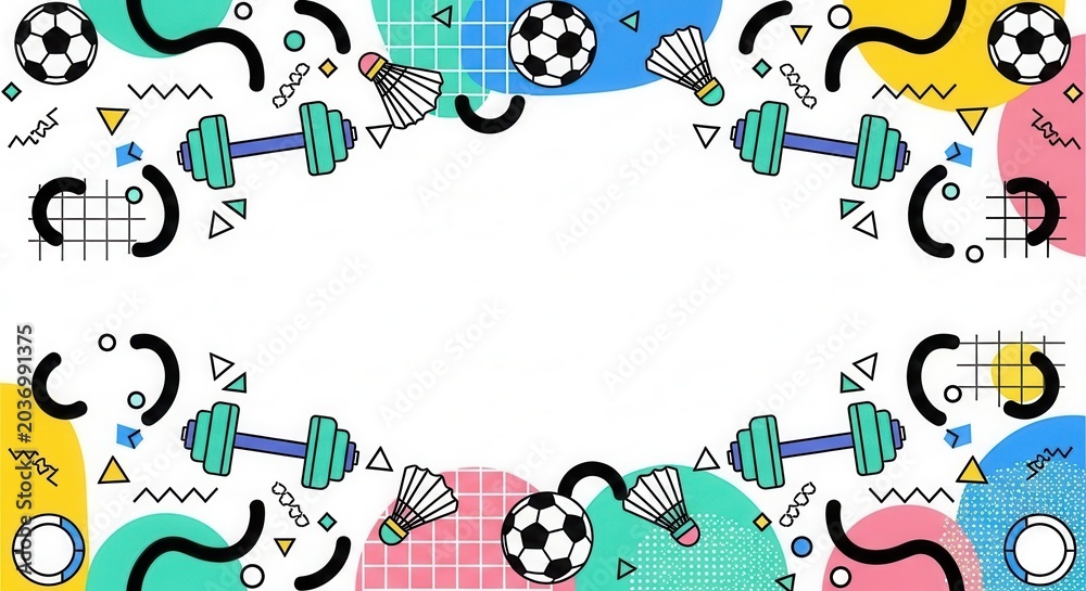 Fototapeta premium Creative sports pattern with dumbbells shuttlecocks and soccer balls in memphis design.