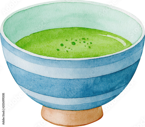 Watercolor illustration of green matcha tea in a blue striped bowl isolated on transparent background.