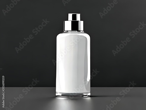 Blank white pump bottle for skincare serum or lotion mockup on dark surface, cosmetic packaging branding display