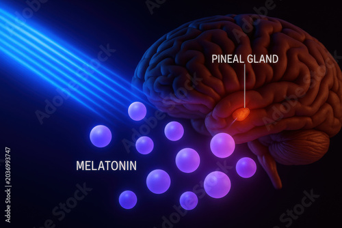 Melatonin molecule production blue light exposure from digital device affecting pineal gland function and natural sleep cycle regulation through hormone suppression