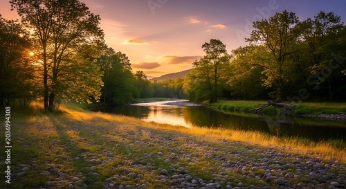 Serene sunset over calm lake water.